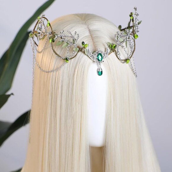 Woodland Fairy Headpiece for Women Green Elf Crown Tassel Medieval Costume main image 4